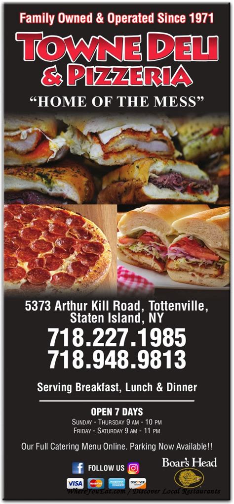 Towne deli - Towne Deli & Pizza, 5373 Arthur Kill Rd, Staten Island, NY 10307, Mon - 9:00 am - 9:45 pm, Tue - 9:00 am - 9:45 pm, Wed - 9:00 am - 9:45 pm, Thu - 9:00 am - 9:45 pm, Fri - 9:00 am - 10:45 pm, Sat - 9:00 am - 10:45 pm, Sun - 9:00 am - 9:45 pm